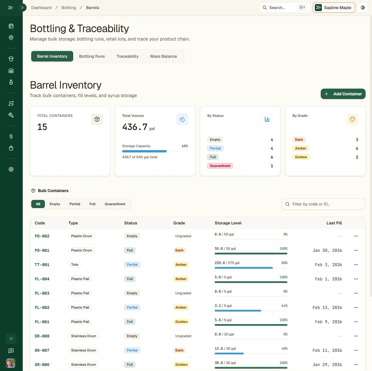 Sapline barrel inventory view showing bulk containers with status, grade, storage levels, and capacity