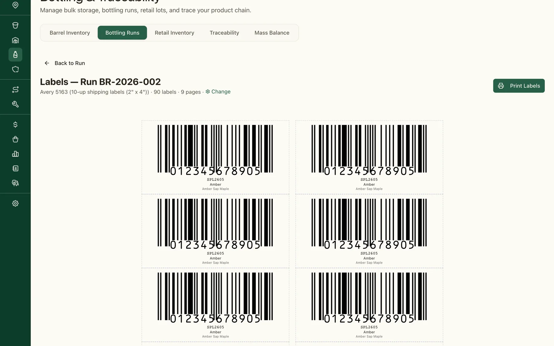 Feuille d’étiquettes Sapline : une planche Avery d’étiquettes de lot avec codes-barres UPC-A