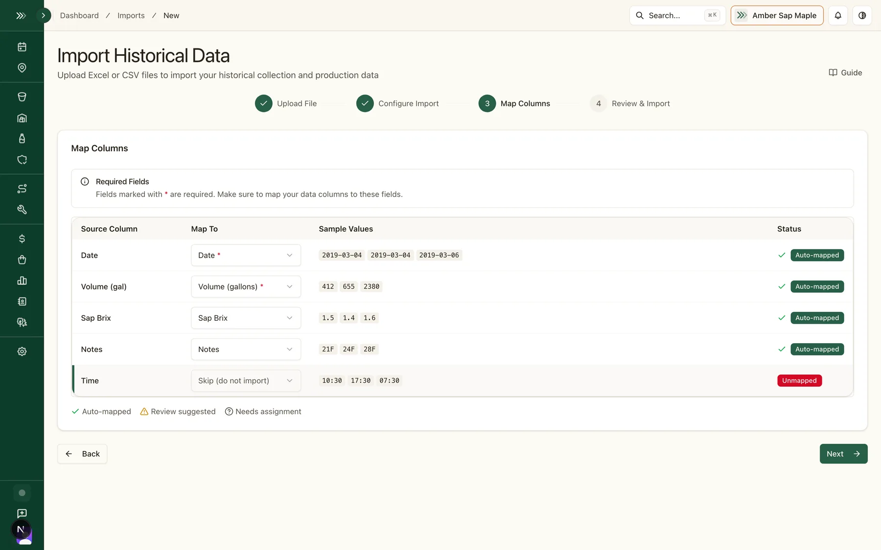 Bulk CSV import screen with historical season data